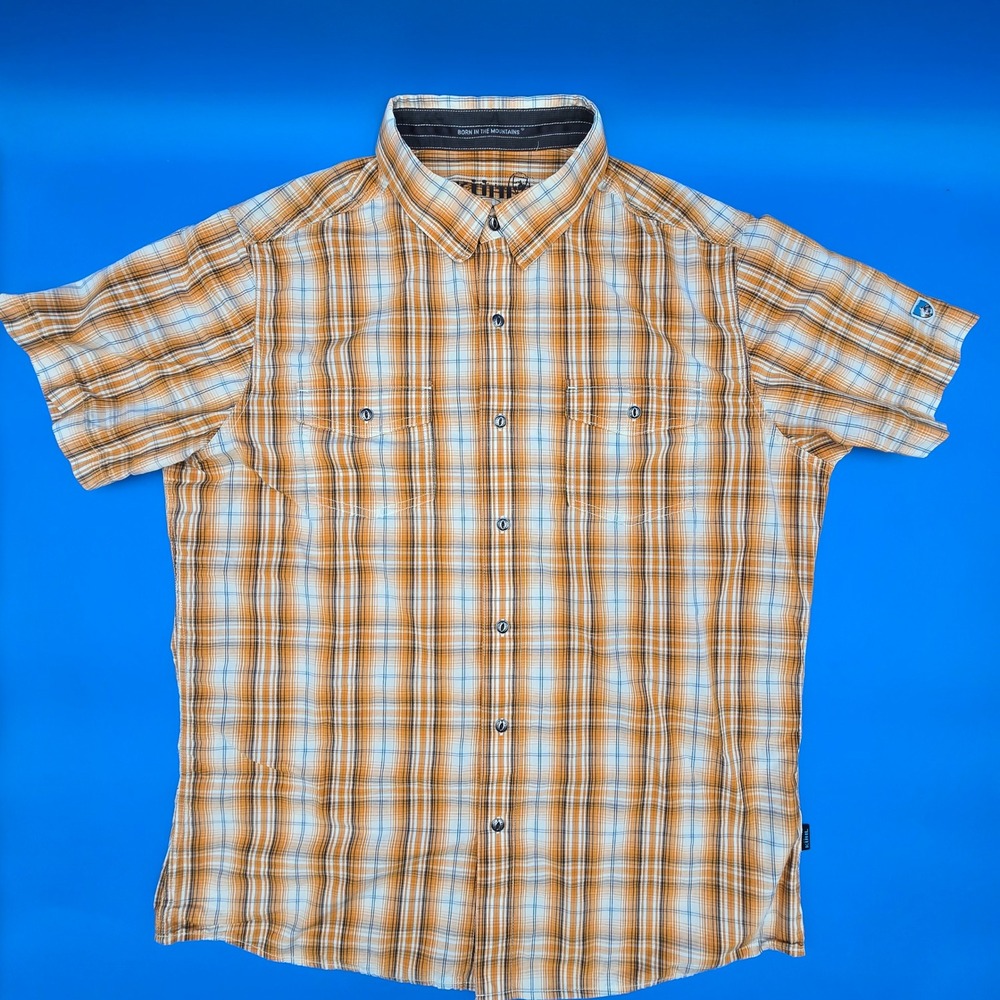 Kuhl Karib Mens Large Orange Plaid Cotton Linen Short Sleeve‎ Button Shirt Wipe